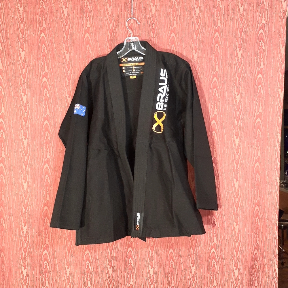 BRAUS THE FIGHT NEVER ENDS KIMONO JI Jitsu Gi A1 Black 100% Cotton Pearl Weave